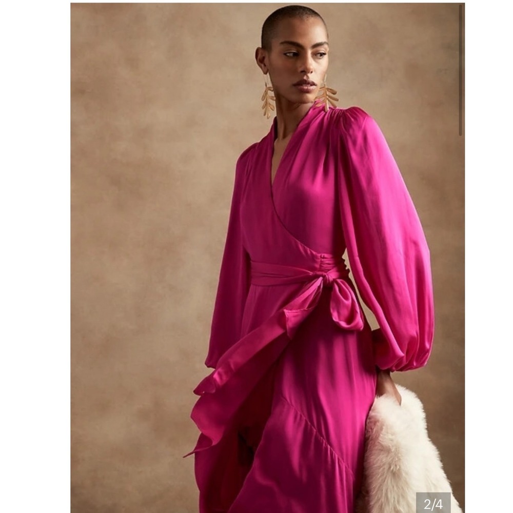 Banana Republic Satin Wrap Maxi Dress Magenta Pink Balloon Sleeve High Low Small